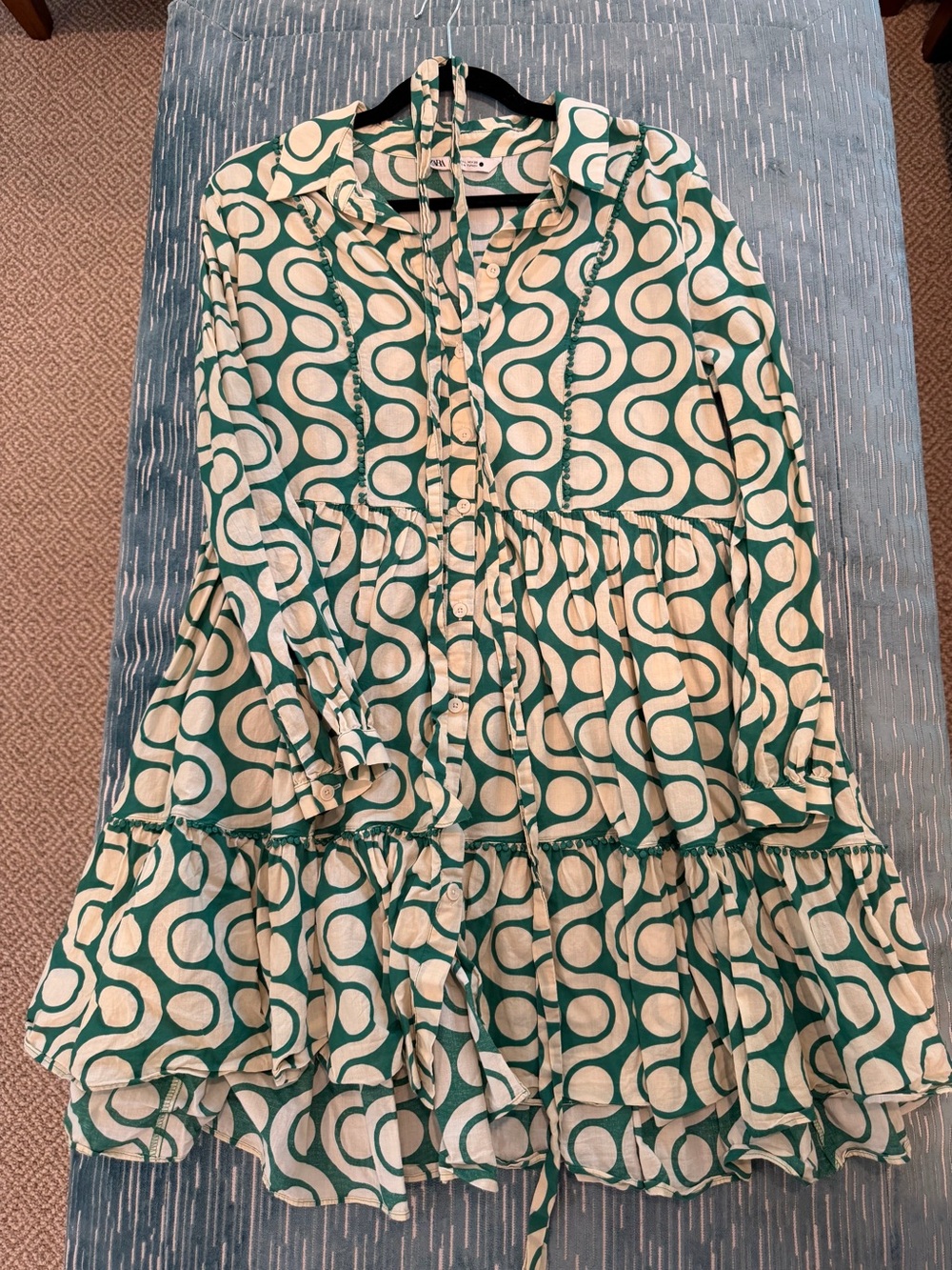 Zara Green and White Patterned Tiered Shirt Dress
